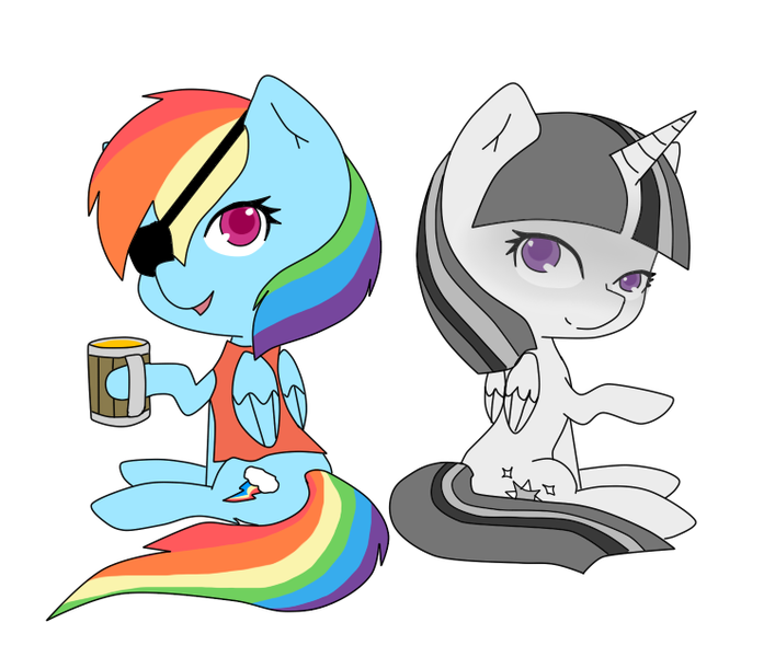 Size: 749x636 | Tagged: safe, artist:akaito-twin, derpibooru import, rainbow dash, twilight sparkle, twilight sparkle (alicorn), alicorn, pony, askninjatwilight, chibi, cider, mug, partial color, pirate dash, sitting, tankard