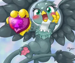 Size: 3000x2500 | Tagged: safe, artist:jewelpetgarnet, derpibooru import, gabby, gryphon, the fault in our cutie marks, blushing, cute, female, gabbybetes, open mouth, paws, solo, underpaw