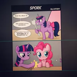 Size: 640x640 | Tagged: safe, artist:uotapo, derpibooru import, idw, pinkie pie, twilight sparkle, twilight sparkle (alicorn), alicorn, earth pony, pony, spoiler:comic28, comic, dialogue, female, mare, spork, toy, twilight sporkle