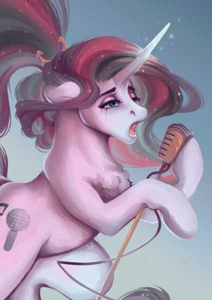 Size: 1024x1444 | Tagged: safe, artist:lazyeva, derpibooru import, oc, unofficial characters only, pony, unicorn, chest fluff, crying, female, mare, microphone, singing, solo