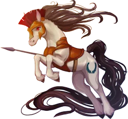 Size: 3707x3448 | Tagged: safe, artist:sitaart, derpibooru import, oc, oc:inferno, unofficial characters only, earth pony, pony, ponyfinder, armor, brown hair, brown mane, clothes, dungeons and dragons, fantasy class, female, mare, pathfinder, pen and paper rpg, red eyes, rpg, simple background, solo, spartan, spear, transparent background, unshorn fetlocks, warrior, weapon, white fur