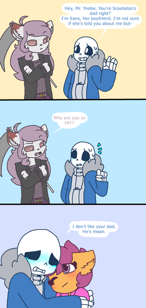 Size: 2124x4456 | Tagged: safe, artist:synnibear03, derpibooru import, scootaloo, oc, oc:kolby, oc:ponytale scootaloo, anthro, comic:ponytale, crossover, crossover shipping, female, male, sans (undertale), scootasans, shipping, straight, undertale