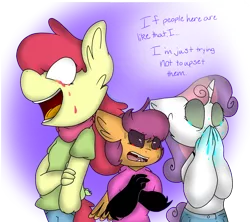 Size: 2174x1931 | Tagged: anthro, apple bloom, artist:eeveesar, comic:ponytale, cutie mark crusaders, derpibooru import, midriff, oc, oc:ponytale apple bloom, oc:ponytale scootaloo, oc:ponytale sweetie belle, rage form scootaloo, scootaloo, semi-grimdark, sweetie belle