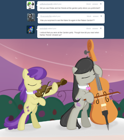 Size: 250x281 | Tagged: safe, artist:erthilo, derpibooru import, octavia melody, symphony, earth pony, pony, ask octavia, bipedal, cello, duo, duo female, eyes closed, female, mare, musical instrument, picture for breezies, violin