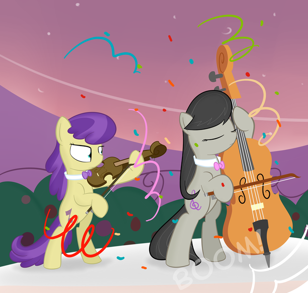 Size: 1000x952 | Tagged: safe, artist:erthilo, derpibooru import, octavia melody, symphony, earth pony, pony, ask octavia, bipedal, cello, confetti, duo, duo female, female, mare, musical instrument, violin