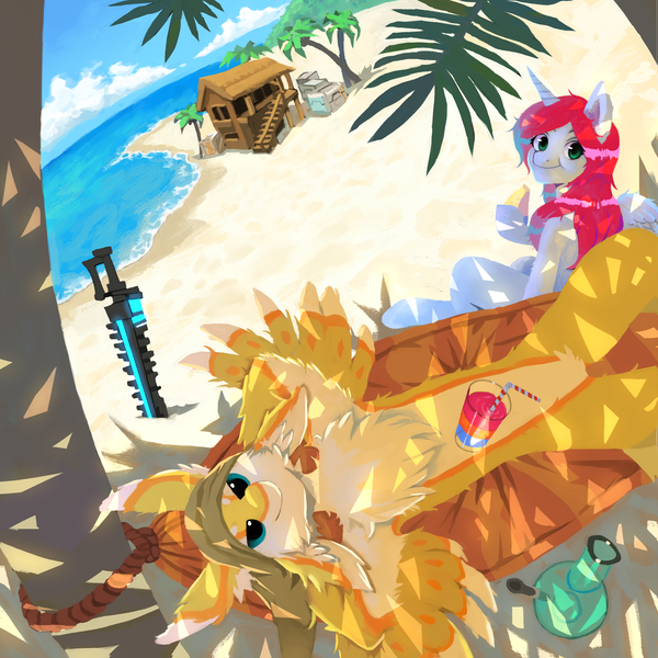 Size: 2200x2200 | Tagged: alicorn, artist:francisart, avali, beach, beach house, bong, derpibooru import, hammock, juice, looking at you, oc, oc:shining watermelon, relaxing, safe, starbound, sword, unofficial characters only, weapon