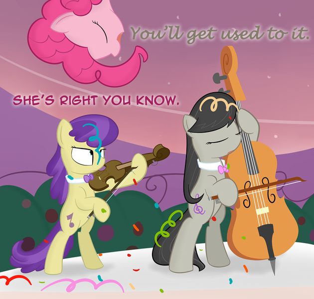 Size: 1000x952 | Tagged: safe, artist:erthilo, derpibooru import, octavia melody, pinkie pie, symphony, earth pony, pony, ask octavia, bipedal, cello, confetti, female, mare, musical instrument, violin