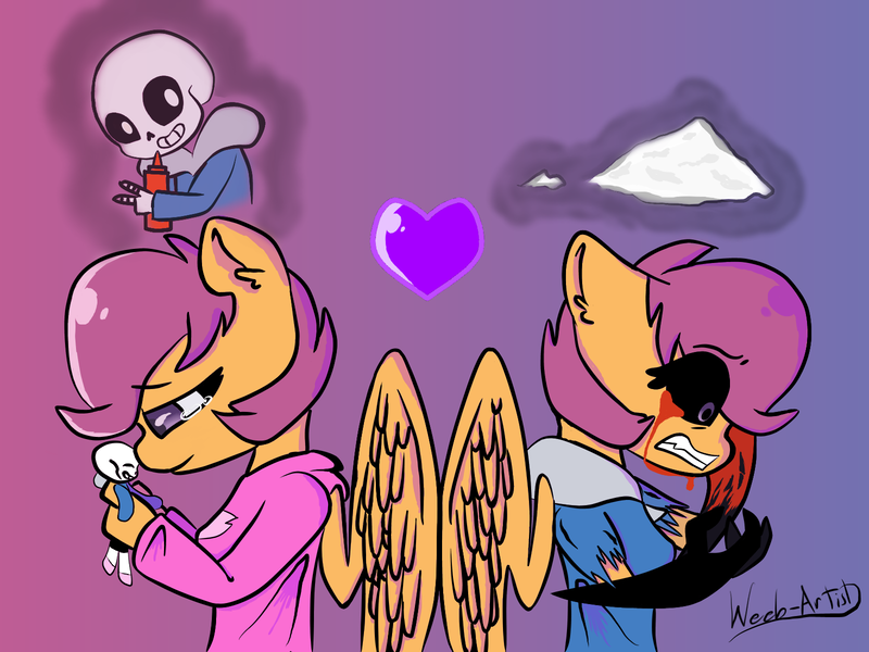 Size: 1600x1200 | Tagged: anthro, artist:weeb-artist, blood, comic, comic:ponytale, death, derpibooru import, duality, female, grimdark, male, oc, oc:ponytale scootaloo, sans (undertale), scootaloo, scootasans, self paradox, shipping, straight, undertale