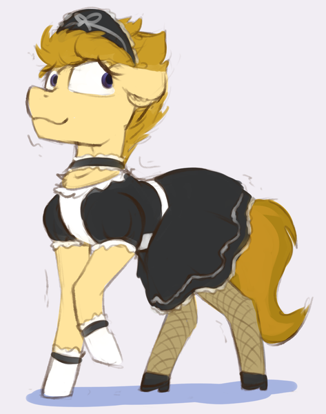 Size: 1000x1268 | Tagged: artist:marsminer, clothes, crossdressing, derpibooru import, maid, male, oc, oc:jarlo, safe, solo, stallion, stockings, thigh highs, unofficial characters only