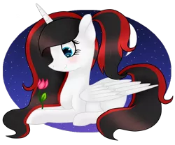 Size: 1772x1474 | Tagged: safe, artist:bluemoonbluepony, derpibooru import, oc, oc:flabight, unofficial characters only, alicorn, pony, female, flower, mare, prone, simple background, solo, transparent background
