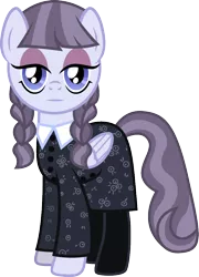 Size: 720x1000 | Tagged: safe, artist:cloudyglow, derpibooru import, inky rose, pegasus, pony, braid, clothes, crossover, female, looking at you, mare, simple background, solo, the addams family, transparent background, wednesday addams