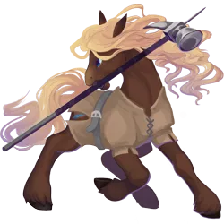 Size: 5104x5104 | Tagged: safe, artist:sitaart, derpibooru import, oc, oc:brownie sundae, earth pony, pony, ponyfinder, absurd resolution, belt, blonde, blonde hair, blonde mane, blue eyes, brown fur, clothes, dungeons and dragons, fantasy class, female, hammer, mare, pathfinder, pen and paper rpg, rpg, simple background, solo, transparent background, warrior, weapon