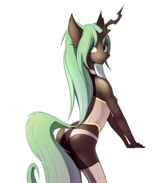 Size: 1500x1664 | Tagged: anthro, artist:rublegun, backbend, breasts, changeling, changeling oc, clothes, corset, derpibooru import, female, green changeling, looking at you, oc, panties, simple background, solo, solo female, stockings, suggestive, thigh highs, underwear, unnamed oc, unofficial characters only