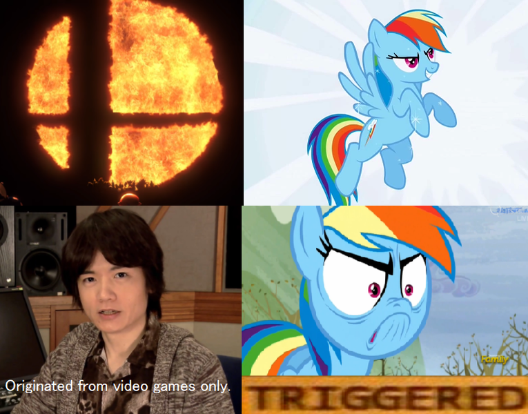 Size: 780x612 | Tagged: safe, derpibooru import, edit, edited screencap, screencap, rainbow dash, human, pegasus, pony, masahiro sakurai, meme, mouthpiece, obligatory pony, reaction, reaction image, super smash bros., triggered