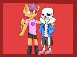 Size: 1024x767 | Tagged: safe, artist:clairedaartiste444, derpibooru import, scootaloo, oc, oc:ponytale scootaloo, anthro, comic:ponytale, crossover, crossover shipping, female, male, sans (undertale), scootasans, shipping, straight, undertale
