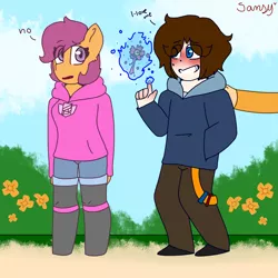 Size: 1024x1024 | Tagged: safe, artist:sansydreemur, derpibooru import, scootaloo, oc, oc:ponytale scootaloo, anthro, human, comic:ponytale, canon x oc