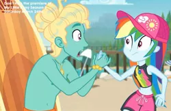 Size: 1051x685 | Tagged: safe, derpibooru import, screencap, gladys, rainbow dash, zephyr breeze, blue crushed, equestria girls, equestria girls series, belly button, clothes, geode of super speed, magical geodes, midriff, partial nudity, surfboard, topless