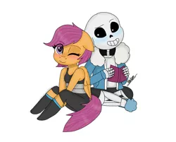 Size: 1024x823 | Tagged: anthro, artist:tigresswilde89, comic:ponytale, crossover, crossover shipping, derpibooru import, female, male, oc, oc:ponytale scootaloo, safe, sans (undertale), scootaloo, scootasans, shipping, straight, undertale