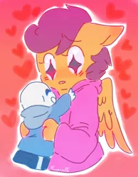 Size: 1095x1414 | Tagged: safe, artist:flowerpotth, derpibooru import, scootaloo, oc, oc:ponytale scootaloo, anthro, comic:ponytale, crossover, crossover shipping, female, male, sans (undertale), scootasans, shipping, straight, undertale