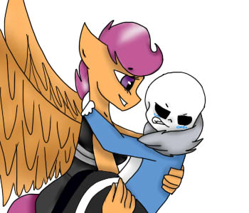 Size: 350x300 | Tagged: safe, artist:loveme321, derpibooru import, scootaloo, oc, oc:ponytale scootaloo, anthro, comic:ponytale, crossover, crossover shipping, female, male, sans (undertale), scootasans, shipping, straight, undertale