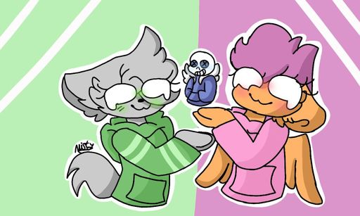 Size: 512x307 | Tagged: safe, artist:mistytheemoji, derpibooru import, scootaloo, oc, oc:ponytale scootaloo, oc:susan, anthro, comic:ponytale, crossover, crossover shipping, female, male, sans (undertale), scootasans, shipping, straight, undertale