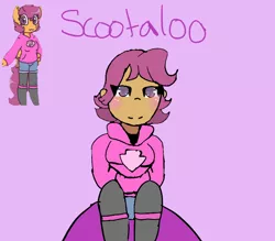 Size: 682x597 | Tagged: safe, artist:synnibear03, artist:tehtoastermuffin, derpibooru import, scootaloo, oc, oc:ponytale scootaloo, unofficial characters only, anthro, human, comic:ponytale, humanized, solo