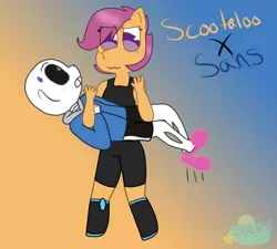 Size: 800x720 | Tagged: safe, artist:teenyton, derpibooru import, scootaloo, oc, oc:ponytale scootaloo, anthro, comic:ponytale, bridal carry, carrying, clothes, crossover, crossover shipping, female, male, sans (undertale), scootasans, shipping, shoes, slippers, straight, undertale