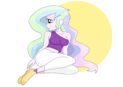 Size: 2610x1836 | Tagged: safe, artist:iyoungsavage, derpibooru import, princess celestia, equestria girls, clothes, female, midriff, principal celestia, short shirt, simple background, sitting, solo, transparent background