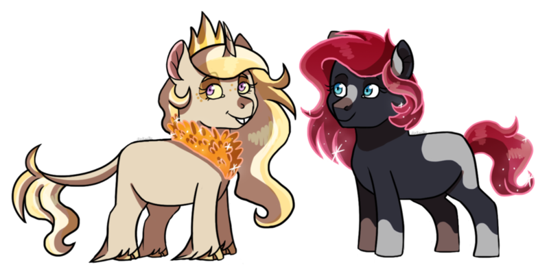 Size: 1024x499 | Tagged: safe, artist:kitkatsart, derpibooru import, oc, oc:dawn shine, oc:solar flare, unofficial characters only, classical unicorn, earth pony, hybrid, pony, unicorn, bucktooth, chest fluff, cloven hooves, colored sclera, cousins, curved horn, ethereal mane, female, filly, interspecies offspring, leonine tail, offspring, parent:discord, parent:princess celestia, parent:princess luna, parent:sunburst, parents:dislestia, parents:lunaburst, simple background, starry mane, transparent background, unshorn fetlocks