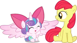 Size: 7144x4021 | Tagged: safe, artist:gurugrendo, artist:hendro107, artist:overdriv3n, derpibooru import, edit, editor:slayerbvc, vector edit, apple bloom, princess flurry heart, alicorn, earth pony, pony, absurd resolution, accessory swap, apple bloom's bow, baby, baby pony, bow, cloth diaper, cooing, cute, diaper, female, filly, flurrybetes, foal, hair bow, happy, safety pin, simple background, sitting, transparent background, vector