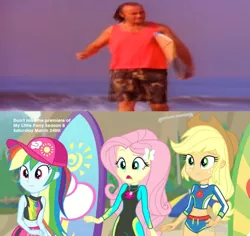 Size: 1279x1209 | Tagged: safe, derpibooru import, edit, edited screencap, screencap, applejack, fluttershy, rainbow dash, human, blue crushed, equestria girls, equestria girls series, beach, belly button, genesis, irl, irl human, meme, midriff, music video, phil collins, photo, reaction, wrong aspect ratio