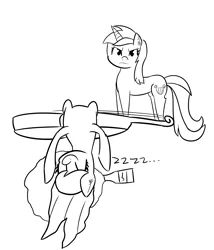 Size: 3292x3851 | Tagged: safe, artist:artiks, derpibooru import, lyra heartstrings, octavia melody, earth pony, pony, unicorn, background pony, bottle, cello, drunk, duo, female, mare, monochrome, musical instrument, onomatopoeia, passed out, sleeping, sound effects, spilled drink, zzz