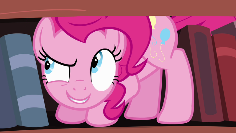 Size: 1280x720 | Tagged: safe, derpibooru import, screencap, pinkie pie, pony, pinkie apple pie, book, bookcase, bookshelf, golden oaks library, smiling, solo