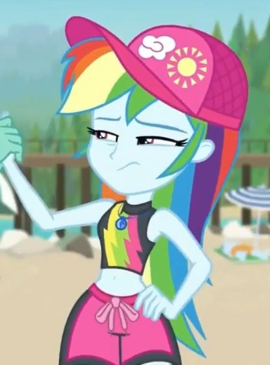 Size: 384x519 | Tagged: safe, derpibooru import, screencap, rainbow dash, zephyr breeze, blue crushed, equestria girls, equestria girls series, belly button, bikini, bikini top, cap, clothes, cropped, cute, dashabetes, geode of super speed, hat, hips, magical geodes, midriff, offscreen character, shorts, swimming trunks, swimsuit