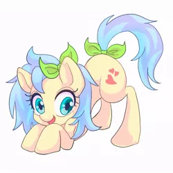 Size: 768x768 | Tagged: safe, artist:bbtasu, derpibooru import, oc, oc:om amrutta, unofficial characters only, earth pony, pony, bow, cute, face down ass up, female, hair bow, looking at you, mare, open mouth, simple background, solo, tail bow, white background