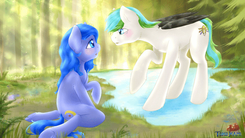 Size: 933x525 | Tagged: safe, artist:tokokami, derpibooru import, oc, oc:looic, oc:shadow blue, unofficial characters only, earth pony, pegasus, pony, animated, commission, crepuscular rays, cute, eye contact, female, forest, looking at each other, love, male, oc x oc, raised hoof, shadooic, shipping, straight, tree, ych result