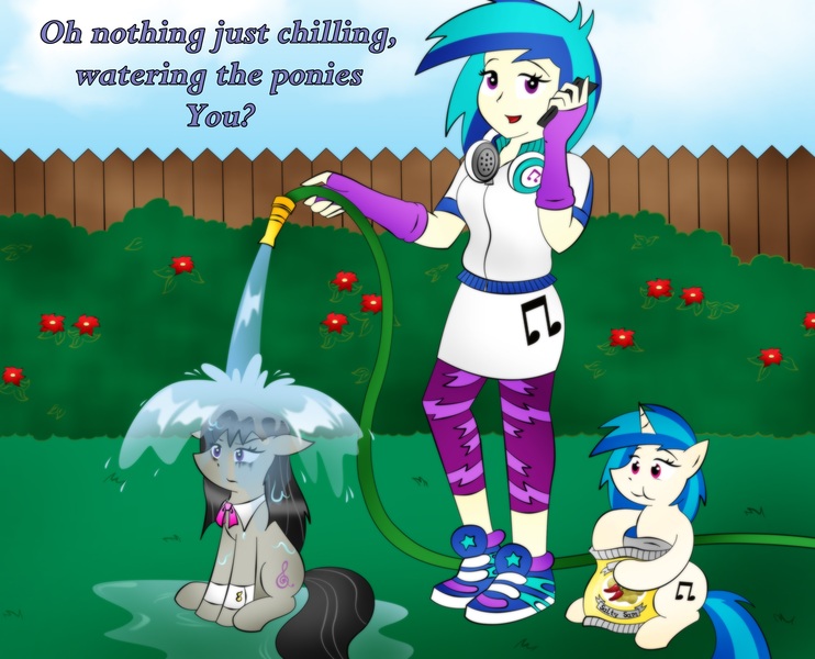 Size: 3117x2520 | Tagged: safe, artist:poseidonathenea, derpibooru import, octavia melody, vinyl scratch, pony, equestria girls, chips, eating, food, garden hose, human ponidox, makeup, octavia is not amused, phone, pony pet, potato chips, running makeup, self ponidox, shoes, sneakers, unamused, watering