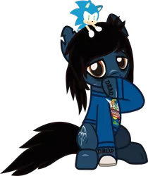 Size: 1072x1275 | Tagged: safe, artist:lightningbolt, derpibooru import, ponified, ponified:oliver sykes, earth pony, pony, undead, zombie, zombie pony, .svg available, bags under eyes, bloodshot eyes, bone, bring me the horizon, clothes, colored pupils, covering, crossover, hair over one eye, hoof on face, lidded eyes, looking at you, male, plushie, raised hoof, scar, shirt, shy, simple background, sitting, solo, sonic the hedgehog, sonic the hedgehog (series), stallion, stitches, svg, tattoo, torn ear, transparent background, vector