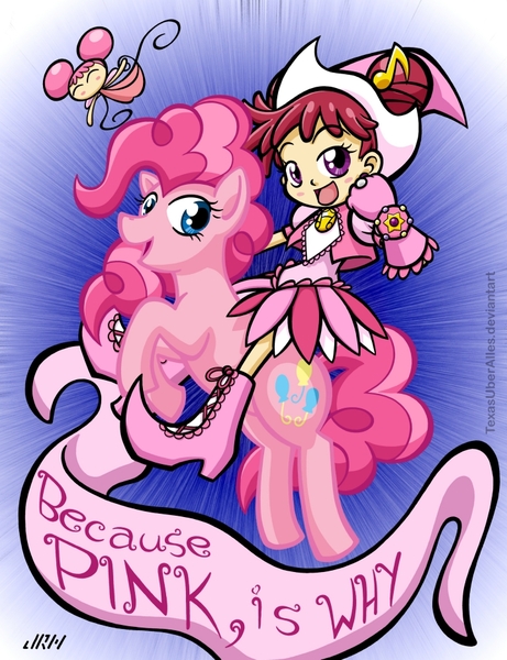 Size: 720x937 | Tagged: safe, artist:texasuberalles, derpibooru import, pinkie pie, earth pony, fairy, human, pony, banner, clothes, crossover, dodo (ojamajo doremi), doremi harukaze, dorie goodwyn, female, flying, hat, humans riding ponies, image, jpeg, looking at you, magical doremi, mare, ojamajo doremi, pink, pony ride, riding, shoes, smiling, witch apprentice, witchling