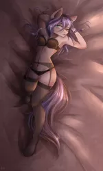 Size: 900x1500 | Tagged: suggestive, artist:alicesmitt31, derpibooru import, oc, unofficial characters only, anthro, earth pony, unguligrade anthro, armpits, bed, black underwear, bra, breasts, clothes, digital art, female, frilly underwear, garter belt, laying on bed, lingerie, lying down, mare, panties, solo, solo female, stockings, thigh highs, underwear