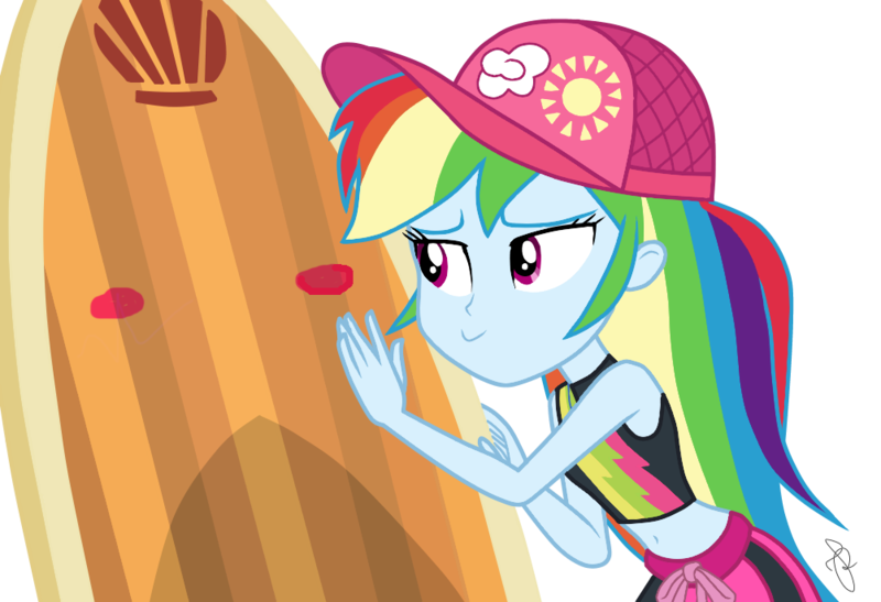 Size: 1003x686 | Tagged: safe, artist:ilaria122, derpibooru import, edit, gladys, rainbow dash, blue crushed, equestria girls, equestria girls series, belly button, blushing, cargo ship, he doesn't deserve you, midriff, shipping, simple background, surfboard, transparent background