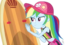 Size: 1003x686 | Tagged: safe, artist:ilaria122, derpibooru import, edit, gladys, rainbow dash, blue crushed, equestria girls, equestria girls series, belly button, blushing, cargo ship, he doesn't deserve you, midriff, shipping, simple background, surfboard, transparent background