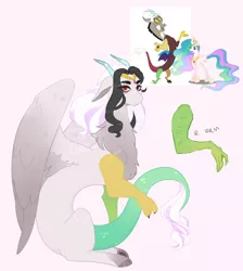 Size: 2486x2773 | Tagged: safe, artist:tealflight, derpibooru import, discord, princess celestia, oc, draconequus, hybrid, dislestia, draconequus oc, female, floppy ears, interspecies offspring, male, offspring, parent:discord, parent:princess celestia, parents:dislestia, pink background, shipping, simple background, straight