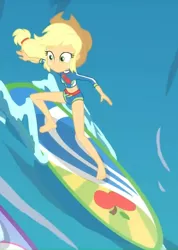 Size: 514x720 | Tagged: safe, derpibooru import, screencap, applejack, blue crushed, equestria girls, equestria girls series, barefoot, clothes, cropped, feet, midriff, solo, surfboard, surfing, swimsuit
