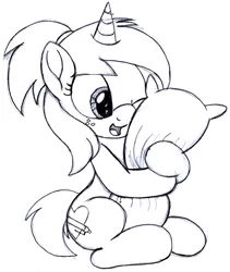 Size: 2532x3000 | Tagged: safe, artist:an-tonio, derpibooru import, oc, oc:silver draw, unicorn, freckles, hug, monochrome, one eye closed, pillow, pillow hug, sketch, solo