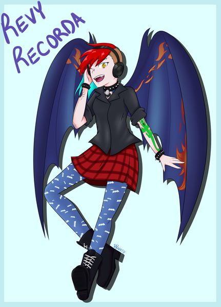 Size: 4667x6500 | Tagged: safe, artist:vnagato, derpibooru import, oc, oc:revy recorda, bat pony, human, absurd resolution, bat pony oc, boots, clothes, digital art, female, headphones, humanized, humanized oc, jacket, leather jacket, pantyhose, plaid, plaid skirt, request, shoes, simple background, skirt, solo, tattoo, winged humanization, wings