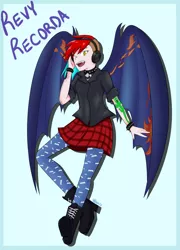 Size: 4667x6500 | Tagged: safe, artist:vnagato, derpibooru import, oc, oc:revy recorda, bat pony, human, absurd resolution, bat pony oc, boots, clothes, digital art, female, headphones, humanized, humanized oc, jacket, leather jacket, pantyhose, plaid, plaid skirt, request, shoes, simple background, skirt, solo, tattoo, winged humanization, wings