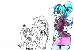 Size: 2039x1377 | Tagged: safe, artist:oberon826, derpibooru import, adagio dazzle, aria blaze, sonata dusk, equestria girls, arm behind back, clothes, crossed arms, female, looking at you, pigtails, ponytail, simple background, skirt, trio, twintails, white background