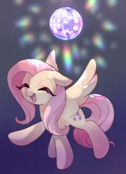 Size: 724x1000 | Tagged: safe, artist:lemonheart, derpibooru import, fluttershy, pegasus, pony, cute, dancing, disco ball, eyes closed, female, mare, open mouth, shyabetes, smiling, solo