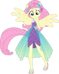 Size: 1589x2000 | Tagged: safe, artist:whalepornoz, derpibooru import, fluttershy, equestria girls, equestria girls series, forgotten friendship, clothes, dress, dress interior, female, looking at self, looking down, ponied up, simple background, solo, spread wings, transparent background, vector, wings